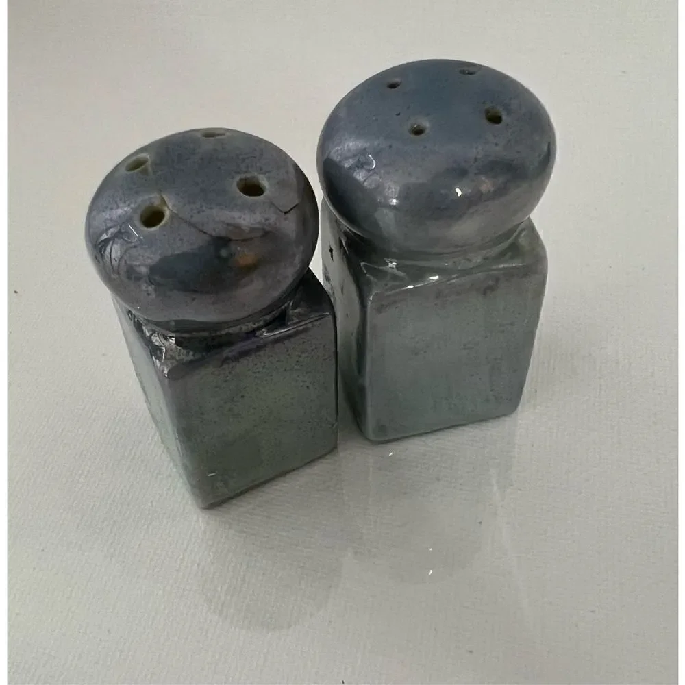 Handmade Blue And Black Mini Salt and Pepper Shakers With Holder